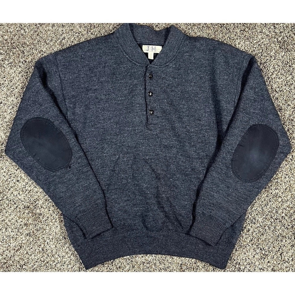 Cabelas 100% Wool Sweater Gray Heavy 1/4 Zip Padded Elbow Wind Shear Sz Large
